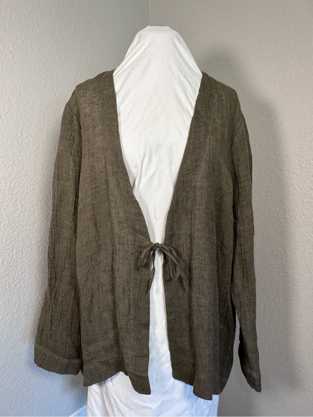 J. Jill Olive Green Linen Tie-Front Tunic Cardigan, Lagenlook, Cottagecore